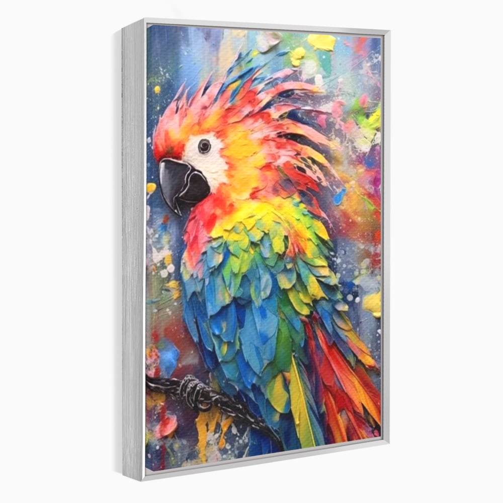 Tablou canvas cu tablou canvas cu papagal colorat, in rama de aluminiu argintiu